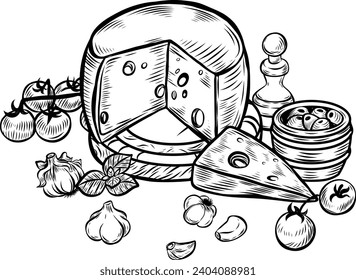 Käse und Tomaten auf dem Schnittbrett noch lebendig gravierte Vektorgrafik.