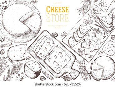 Cheese top view frame. Vector illustration with a collection of cheese. Engraved style image. Dairy farm products.