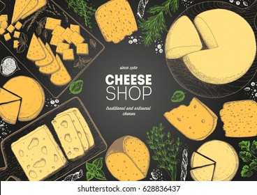 Cheese top view frame. Vector illustration with a collection of cheese. Engraved style image. Dairy farm products. 