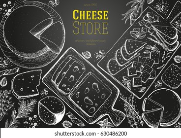Cheese top view frame. Vector illustration with a collection of cheese. Engraved style image. Dairy farm products. Chalkboard design