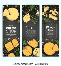 Cheese top view, vertical banners collection. Food menu design with colorful cheese. Vintage hand drawn sketch vector illustration.