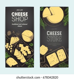 Cheese top view, vertical banners collection. Food menu design with colorful cheese. Vintage hand drawn sketch vector illustration. Vintage flyers set.