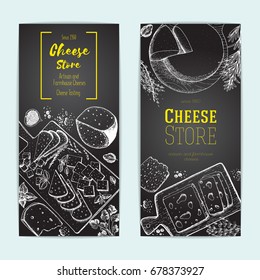 Cheese top view, vertical banners collection. Food menu design with colorful cheese. Vintage hand drawn sketch vector illustration. Vintage flyers set.