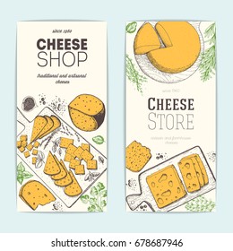 Cheese top view, vertical banners collection. Food menu design with colorful cheese. Vintage hand drawn sketch vector illustration. Vintage flyers set.