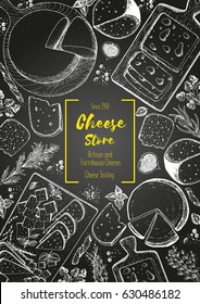 Cheese top view, vertical frame. Vector illustration with a collection of cheese. Engraved style image. Dairy farm products. Chalkboard design.
