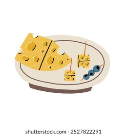 Cheese Triangle and Cubes Canapes Wooden Stick on Plate. Food Vector Illustration in Hand Drawn Style on White Isolated Background