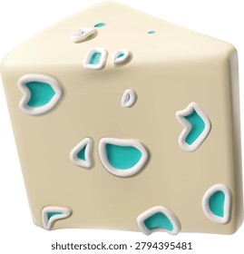 Cheese triangle part with mold 3D cartoon plastic style icon. Brie, Camembert, Roquefort, Gorgonzola piece milk food production. Realistic vector illustration of healthy snack, menu recipe ingredient