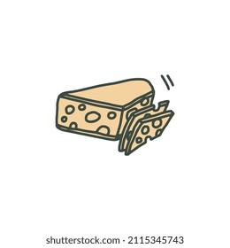 Cheese triangle piece with few slices, hand drawn doodle vector illustration isolated on white background. Hard yellow cheese for packaging and menu label.