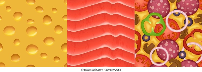 Cheese, tuna fish and pizza seamless textures for game, food repeated patterns, 3d backgrounds, graphic ui or gui layers design, cheddar, salmon and fastfood meals closeup view, vector illustration