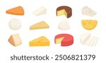 Cheese types. Cartoon cutted parmesan, brie triangle, mozzarella, gouda cheddar and feta slices. Tasty dairy food product. Cheese vector set, parmesan and cheddar illustration design on white