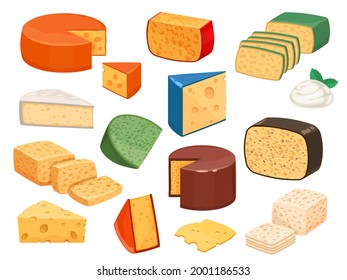 Cheese types. Cartoon cutted parmesan, brie triangle, mozzarella, gouda cheddar and feta slices. Tasty dairy food product. Cheese vector set, parmesan and cheddar illustration design