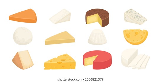 Tipos de queso. Parmesano cortado de dibujos animados, triángulo brie, mozzarella, cheddar gouda y rebanadas de queso feta. Sabroso producto lácteo. Conjunto de Vector de queso, diseño de ilustración de parmesano y cheddar en blanco