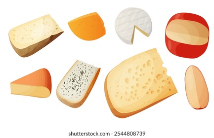 Tipos de queso. Parmesano cortado de dibujos animados, triángulo brie, cheddar gouda y rebanadas de queso feta. Sabroso producto lácteo. Conjunto de Vector de queso, diseño de Ilustración vectorial en blanco