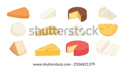 Cheese types. Cartoon cutted parmesan, brie triangle, mozzarella, gouda cheddar and feta slices. Tasty dairy food product. Cheese vector set, parmesan and cheddar illustration design on white