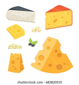 Cheese types in cartoon style vector illustration icons.