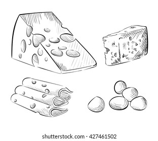 Cheese types. Delicious fresh cheese variet cheese making various types of cheese set of vector sketches mozzarella cheese Vector organic food illustration.