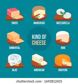 Cheese types. Modern flat style realistic vector illustration icons isolated