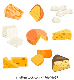 Cheese types. Modern flat style realistic vector illustration icons isolated on white background. Gourmet product white cheese slice. Food dairy slice gourmet cheese cheddar yellow snack piece.