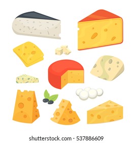 Cheese types . Modern flat style realistic vector illustration icons. Isolated parmesan or cheddar fresh on white background.