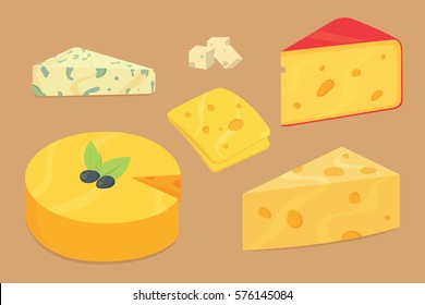 Cheese types . Modern flat style realistic vector illustration icons. Isolated parmesan or cheddar fresh on white background.