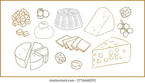 Cheese types one line organic vector set. cheddar, emmental, camembert, ricotta, blue cheese, burrata, parmesan, walnut and grapes. Hand drawn dairy gourmet food illustration collection. Simple, clean