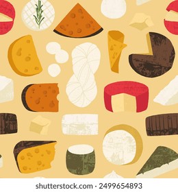 Cheese types pattern. Seamless print with various kinds of cheese, milk food for restaurant menu, cheeseboard design. Vector texture.