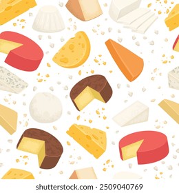 Padrão de tipos de queijo. Impressão perfeita com vários tipos de queijo, comida de leite para menu de restaurante, design de tabuleiro de queijo. Textura vetorial sobre fundo branco