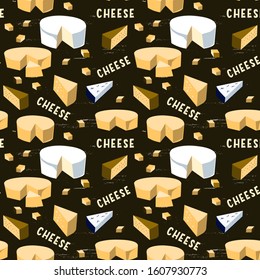 Cheese types seamless pattern with different kind of dairy product vector clipart. Soft and hard cheeses, brie, gouda, gorgonzolla, roquefort for a shop banner or farmers booth background.