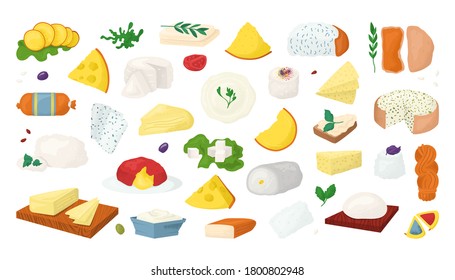 Cheese types vector illustrations set isolated on wite. Slices of parmesan, cheddar, fresh food icons. Swiss cheese, gauda, roquefort, brie gourmet pieces. Edam, mozzarella cheesy collection.