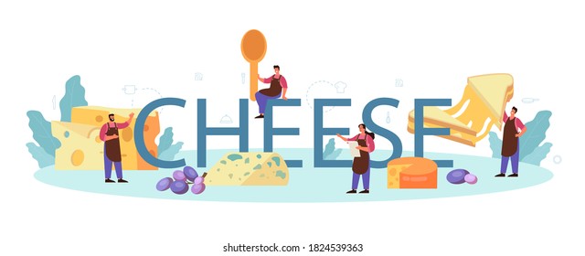 Cheese typographic header. Professional chef making block of cheese. Cooker in professional uniform, holding a cheese slice. Cheese production. Isolated vector illustration