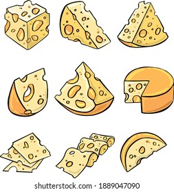 Cheese varieties. Flat design vector icon set.