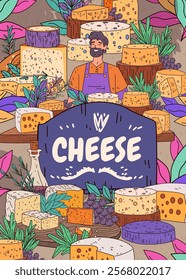 Cheese variety display colorful cheeses herbs smiling vendor vibrant background purple orange leaves market scene poster design