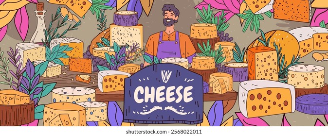 Cheese variety display with smiling vendor surrounded by colorful cheese wheels herbs and decorative elements. Vibrant market scene with rustic charm