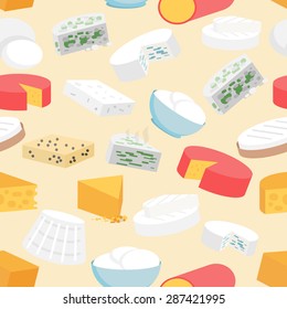 Cheese variety flat seamless pattern with cheddar mozzarella gouda camembert vector illustration