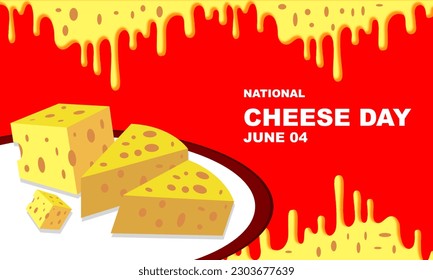 Cheese of various types of slices and sizes placed on a white plate with melted cheese frame and red background and bold text to commemorate National Cheese Day on June 4th