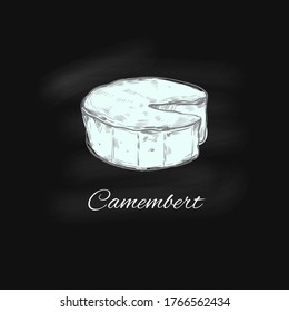 Cheese vector collection. Hand drawn  illustration of cheese types :  Camembert .  Colorful, Isolated illustration on blackboard