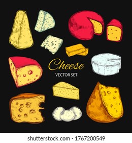 Colección vectorial de queso. Ilustración a mano de tipos de queso: Brie, Mozzarella, Stilton, Blue, Camembert, etc. Ilustración colorida y aislada en la pizarra