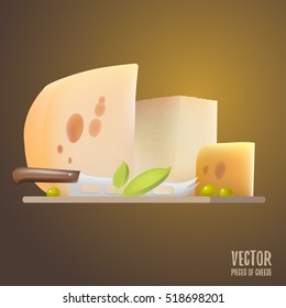 Cheese. Vector food. Triangular piece of cheese. Dairy products. Realistic vector illustration. Holes. Dutch. The Parmesan. Different types of cheese. Gouda. Healthy food. knife for cutting cheese