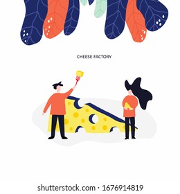 Cheese vector hand drawn illustration. cheese factory concept. Two people holding cheese. Website, banner or poster template 