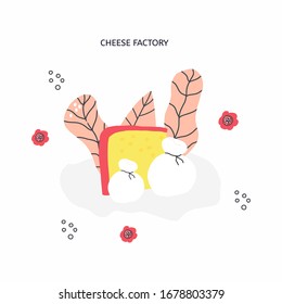 Cheese vector hand drawn illustration. Cheese, mozzarella and flowers. Website, banner or poster template  