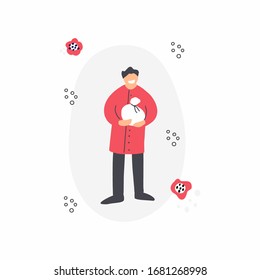 Ilustración dibujada a mano por vector de queso. concepto de fábrica de queso. Hombre cargando mozzarella. Plantilla de sitio web, banner o afiche 