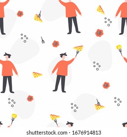 Cheese vector hand drawn seamless pattern. cheese factory concept. Man holding cheese. 