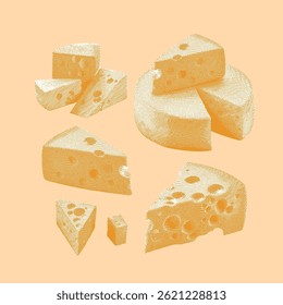 Queso, Vector de queso, ilustración de queso, dibujo de línea sobre fondo beige.