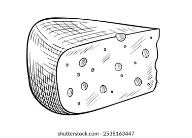 Cheese vector illustration. Linear drawing with wedge of gouda painted by black inks on isolated background. Line art of Dairy product for cookbook and recipe. Monochrome sketch of food for culinary.