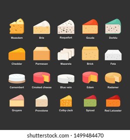 Cheese vector illustration set. Contain different types of cheese. Tasty food for menu or cafe and restaurant.