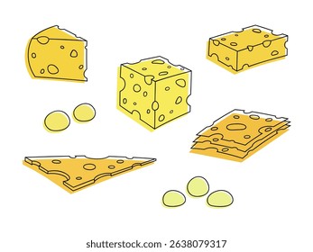 Cheese, vector illustration of a set of yellow cheese pieces in a hole of different varieties, isolated on white, flat design. Dairy product, food, ingredient for decoration, labels, design