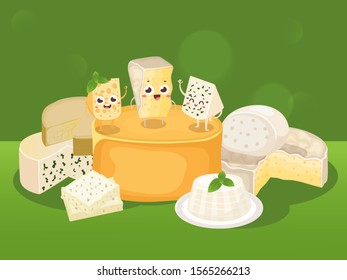 Cheese vector illustration. Various kinds of different cheese, tasty natural dairy products, delicious blue cheese. Organic food store poster, brochure or booklet cover. Tiny cartoon characters