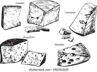 Cheese Vector  sketch set. Doodle collection of cheese pieces and slices maasdam, Roquefort, cheddar, parmesan hand drawn illustration scetch set, isolated.