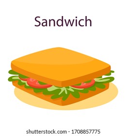 Cheese and vegetable sandwich. Fast snack with tomato and salad. Isolated flat vector illustration