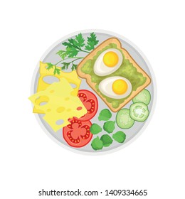 Cheese, vegetables and egg sandwich on a plate. Vector illustration on white background.